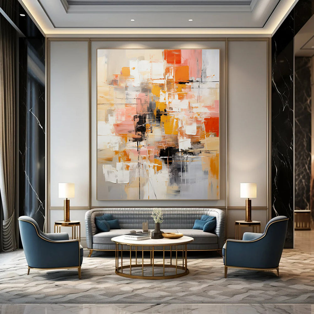 Orange, Pink, Gray, White, Black with Bold Blocks "Urban Pulse" Abstract Painting On Canvas PS1391