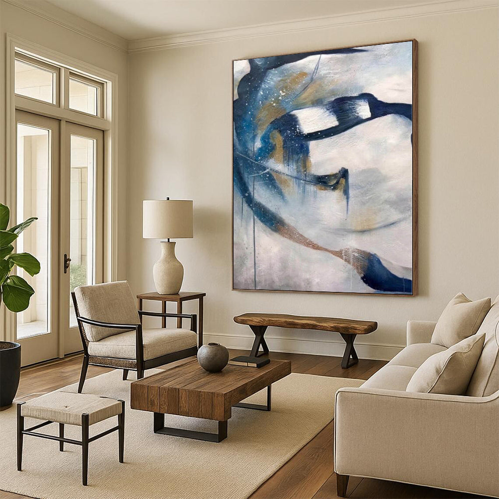 “Blue - Gold - White Abstract Flowing Shapes” - Graceful Abstract Painting On Canvas PS0312