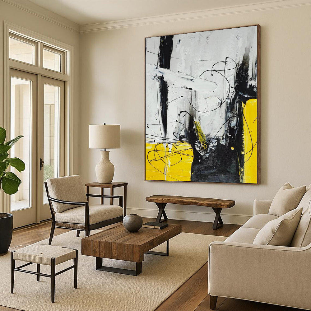 “Black - Yellow - White Abstract Tangled Lines” - Energetic Abstract Painting On Canvas PS0318