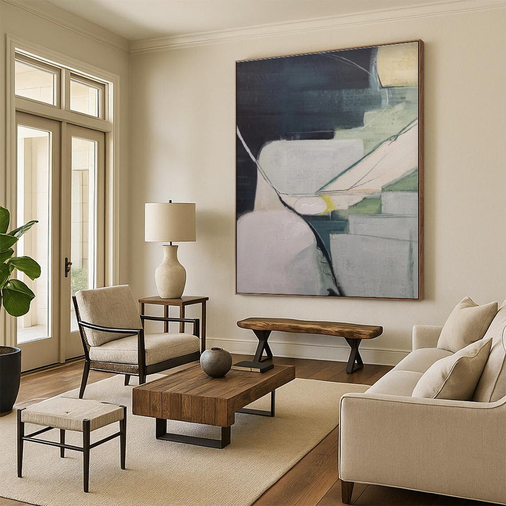 “Muted Tones Geometric Abstraction” - Gray, Green, White Abstract Geometric Painting On Canvas PS0556