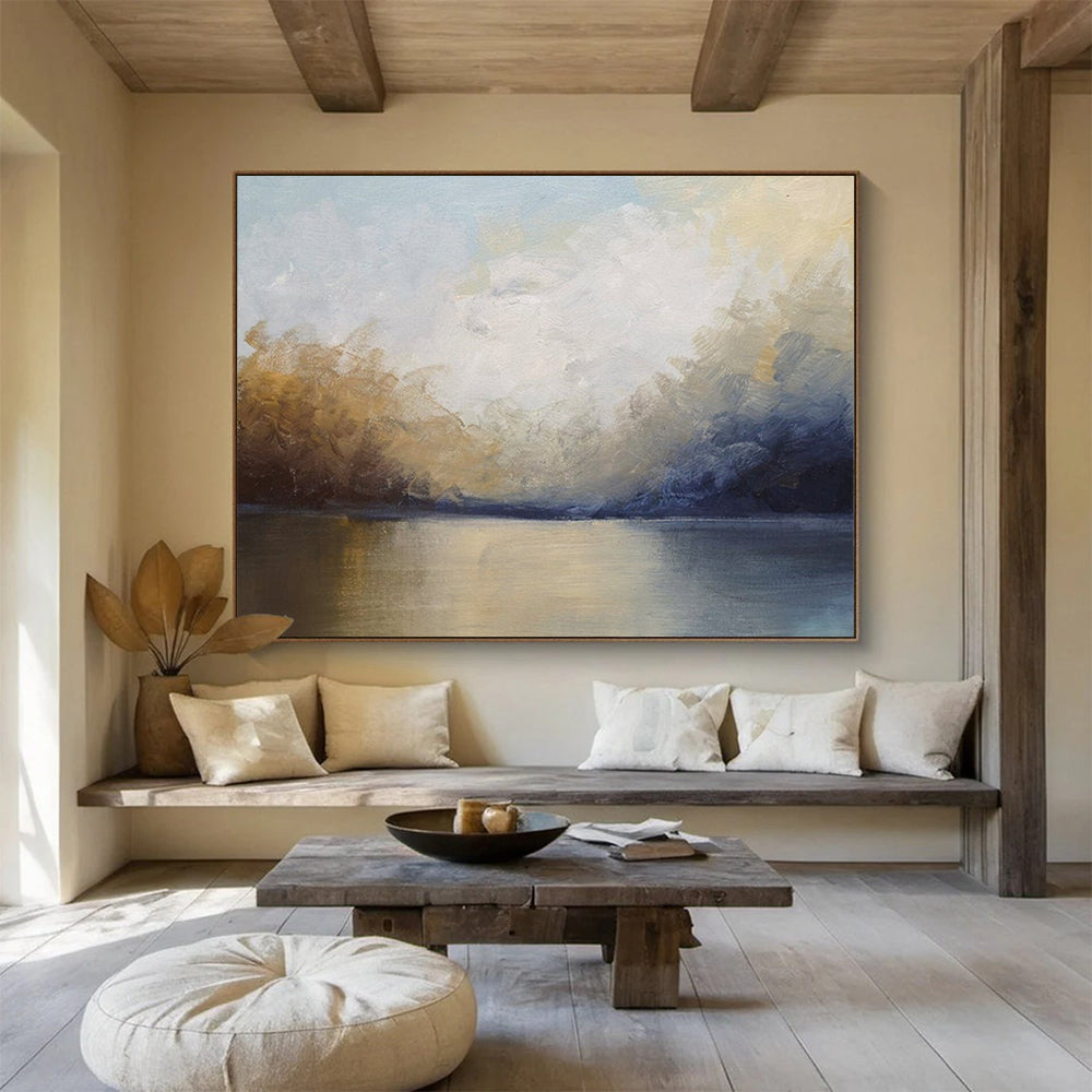 “Serene Landscape in Blue, Gray & Earth Tones” - Impressionistic Waterfront Painting On Canvas PT009