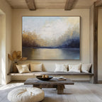 “Serene Landscape in Blue, Gray & Earth Tones” - Impressionistic Waterfront Painting On Canvas PT009