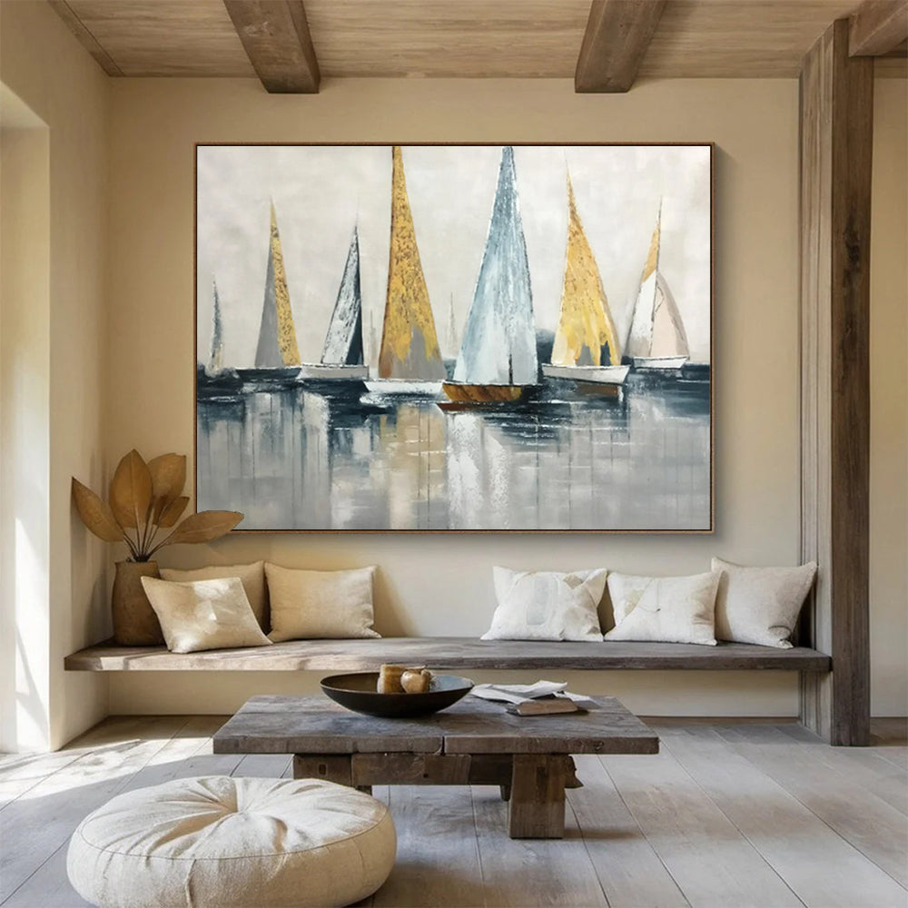 “Gold - Accented Sailboat Abstract” Abstract Painting On Canvas DKS169