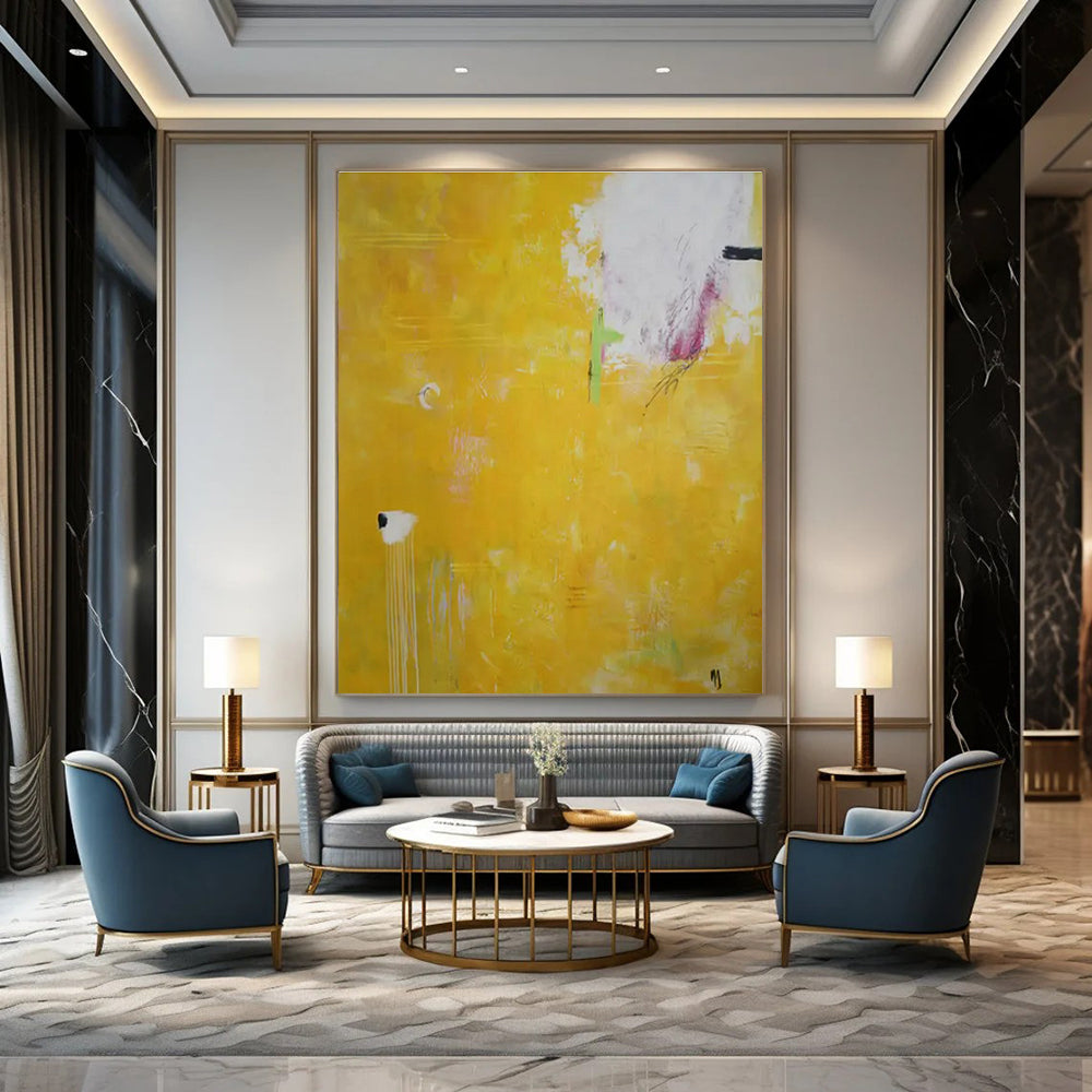 Bright Yellow, White, Green with Minimal Marks "Sunny Whispers" Abstract Painting On Canvas PS1407