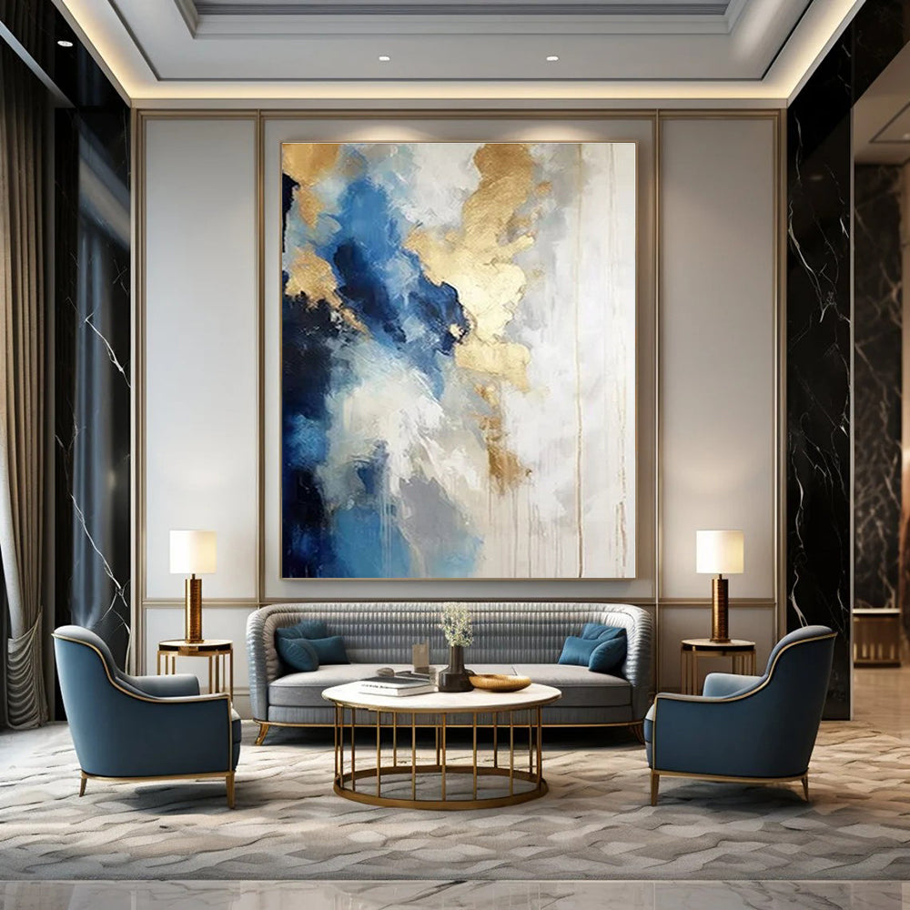 Blue, White, and Gold Abstract Clouds - Flowing Color Abstract Painting On Canvas PS1239