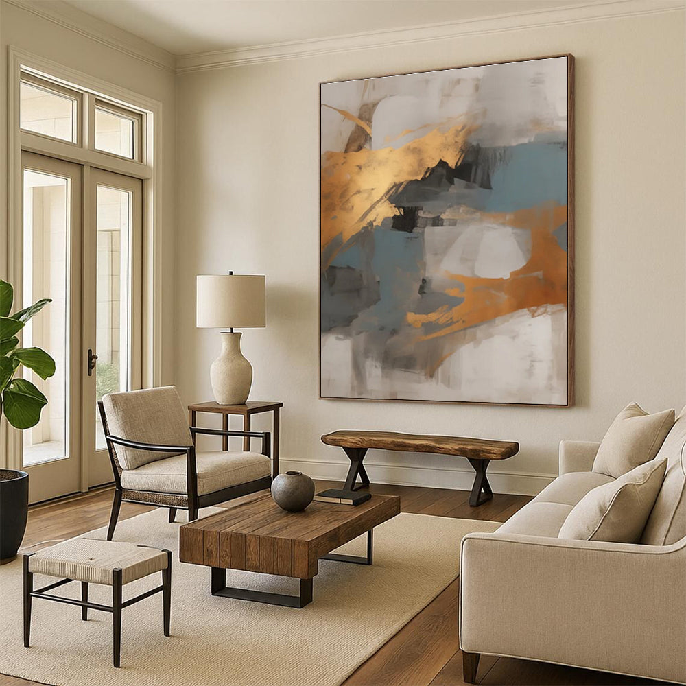 Gray, Gold & Blue Abstract Blocks "Skyward Harmony" Painting On Canvas PS0848