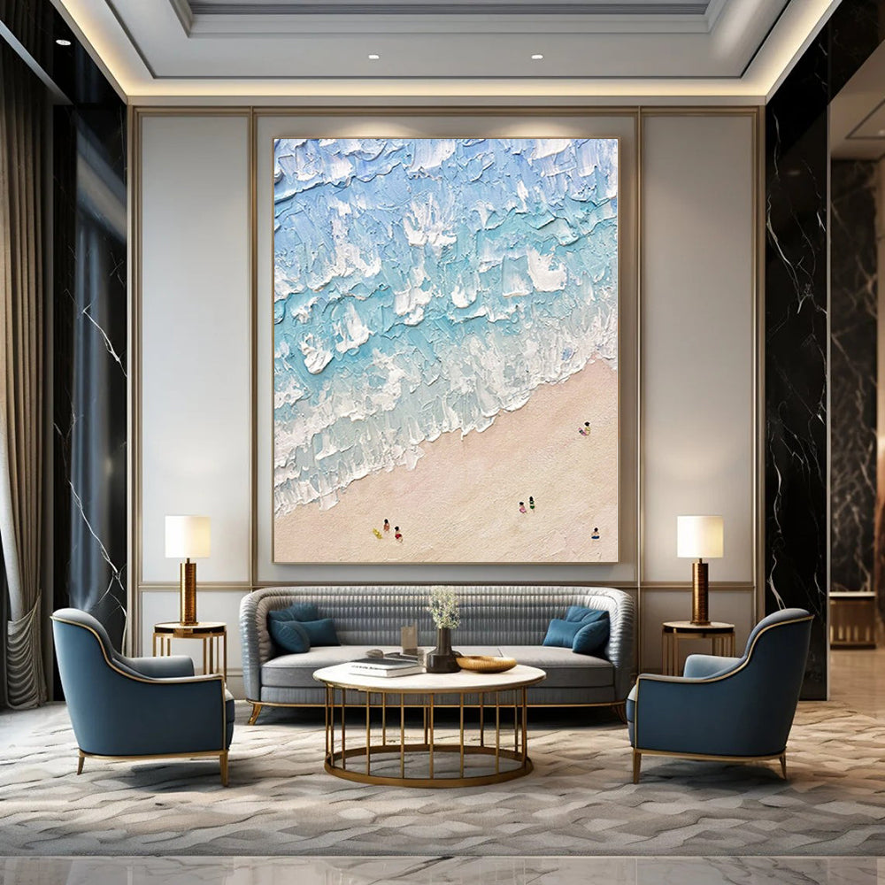 Blue, White and Beige with Textured Waves "Beach Impasto" Impressionistic Abstract Painting On Canvas PS1129