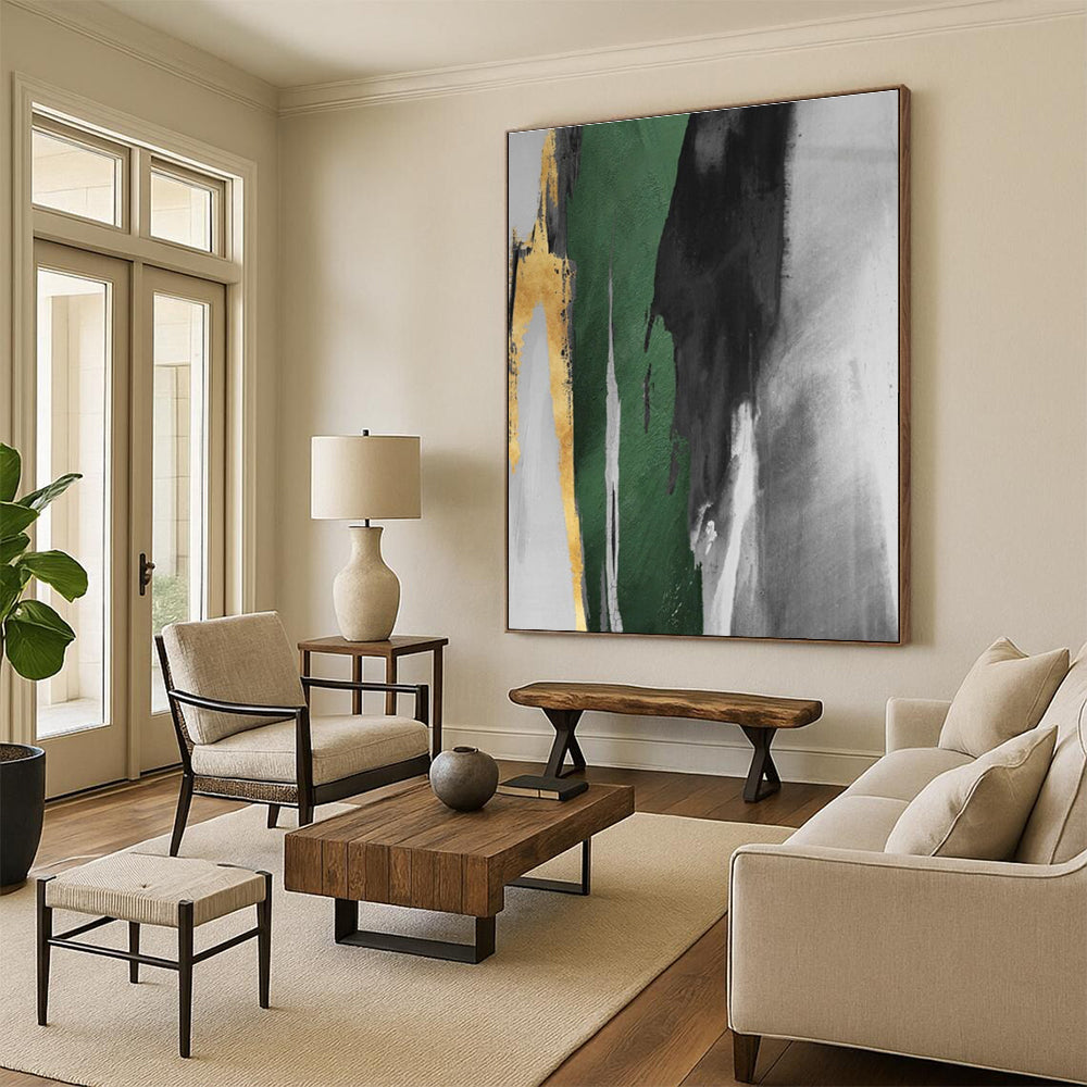 “Green - Gold Abstract Streaks” - Green, Gray, Gold, White Abstract Gestural Painting On Canvas PS0637