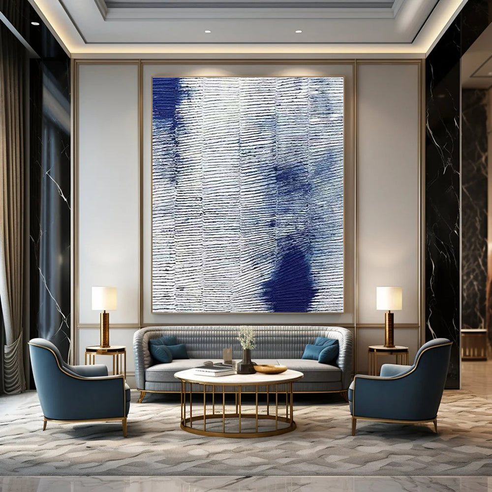 Blue and White with Striped Textures "Ocean Stripes" Abstract Painting On Canvas PS1359