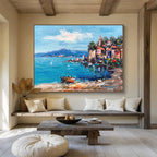 “Colorful Coastal Village” - Impressionistic Seaside Painting On Canvas PT230