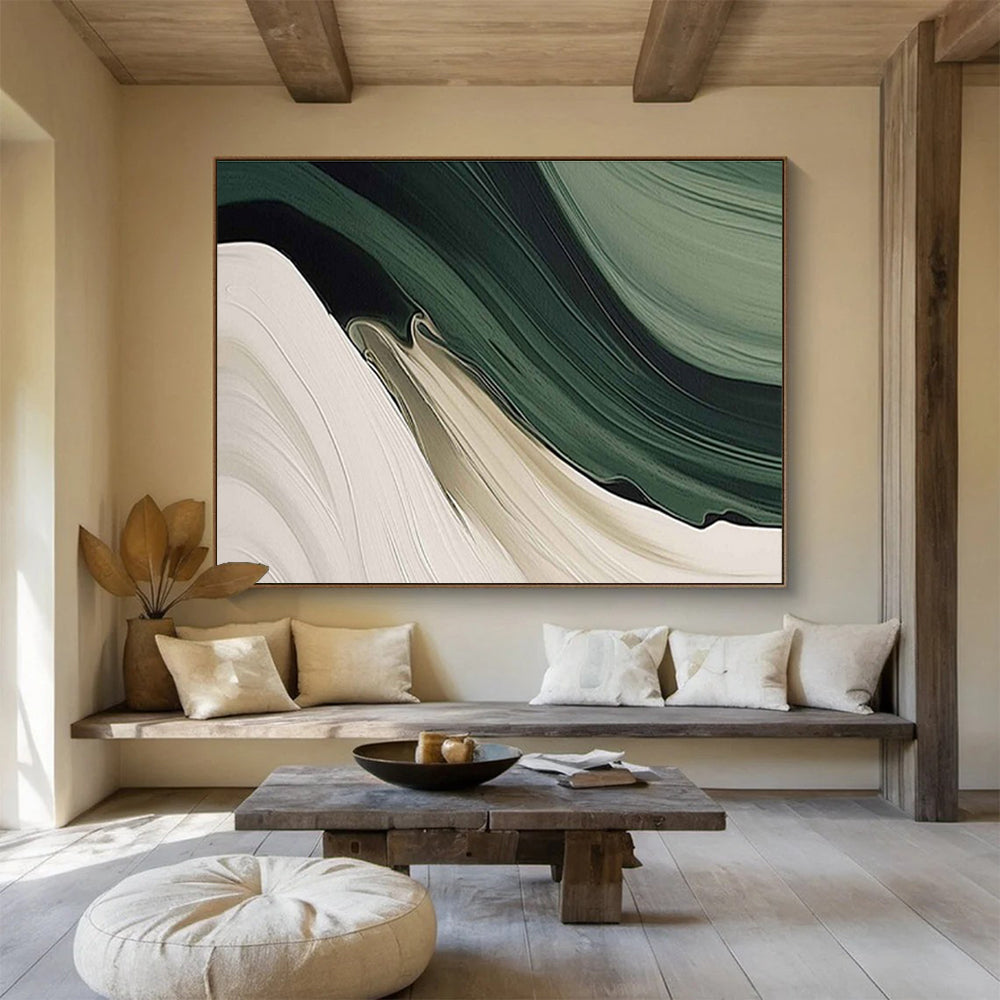 “Flowing Green - Beige Waves” - Green, Beige & White Abstract, Fluid Acrylic Painting On Canvas DKS753