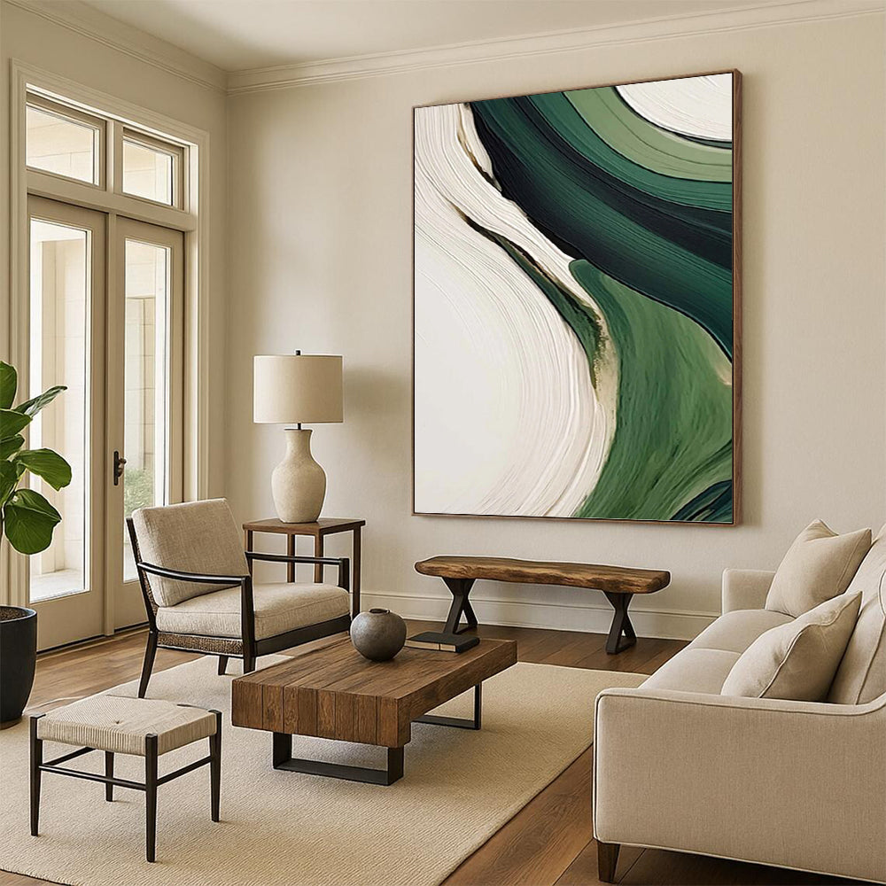 “Green & White Flowing Abstraction” - Fluid, Abstract Shapes Painting On Canvas PT1468