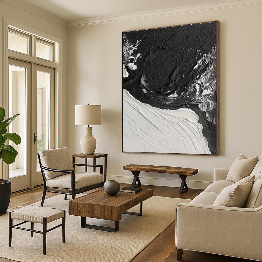 “Black - White Textured Waves” - Black, White Abstract Impasto Painting On Canvas PS0735