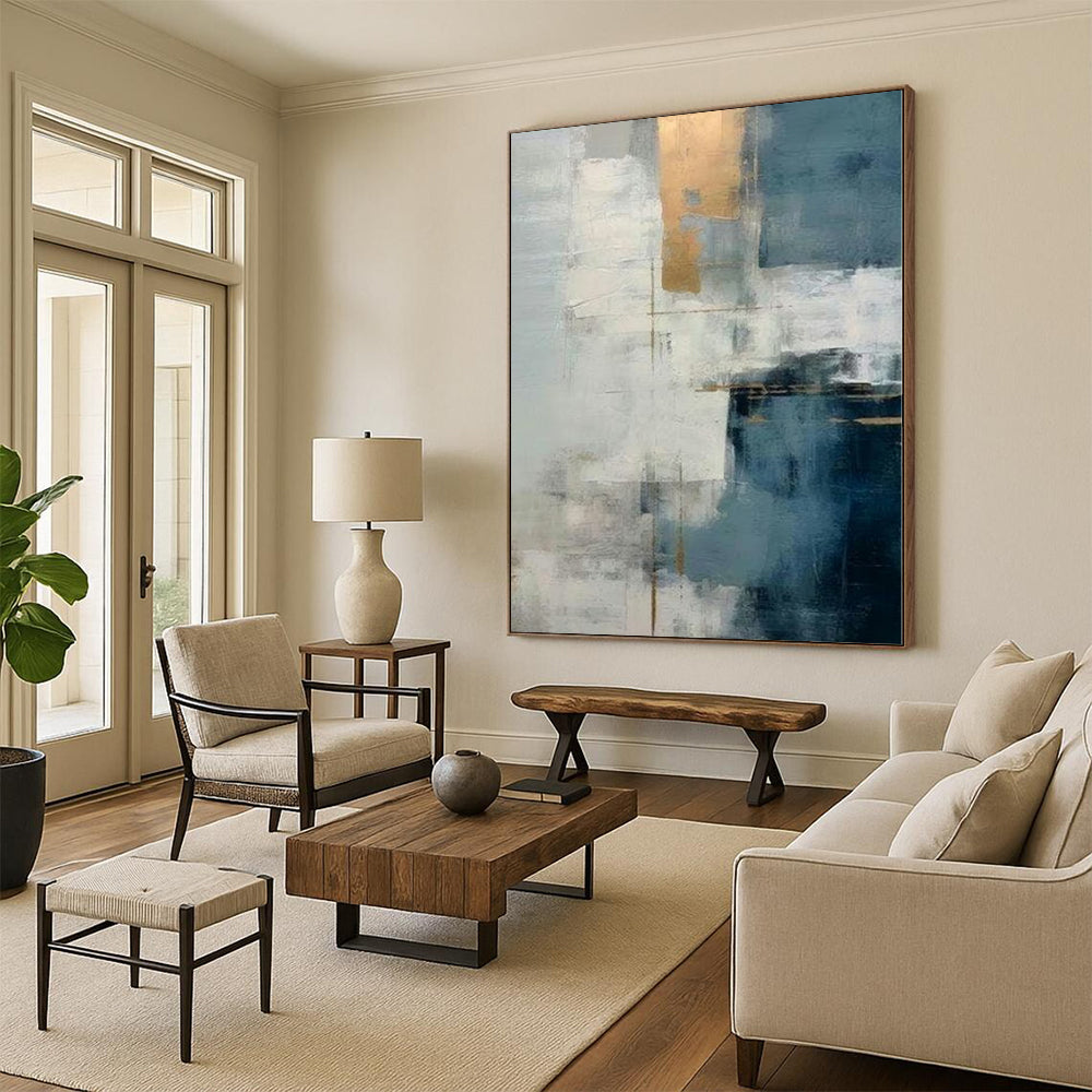 “Repeated Gold - Accented Blue - Grey Abstract” - Contemporary Abstract Painting On Canvas PS0248