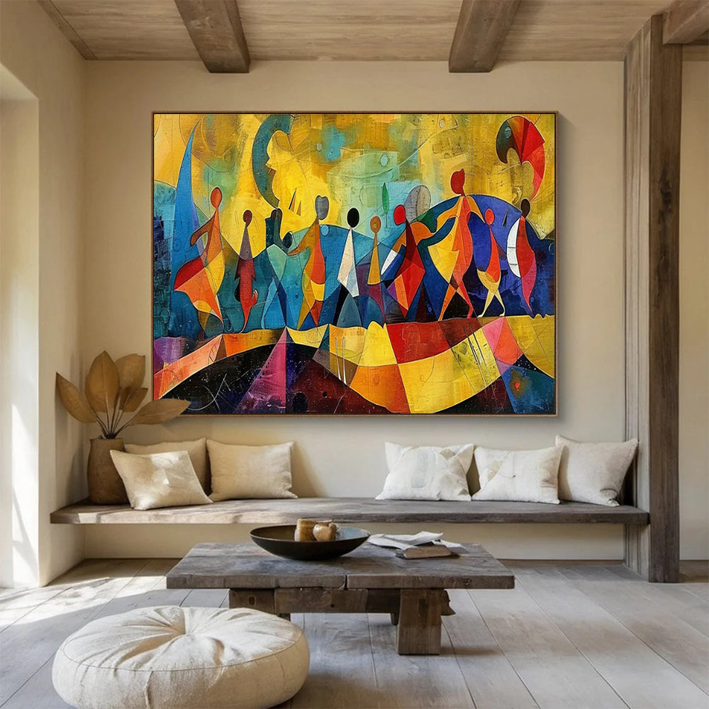 “Colorful Abstract Figures” - Yellow, Blue & Red Figurative, Cubist - Style Painting On Canvas DKS768