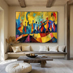 “Colorful Abstract Figures” - Yellow, Blue & Red Figurative, Cubist - Style Painting On Canvas DKS768