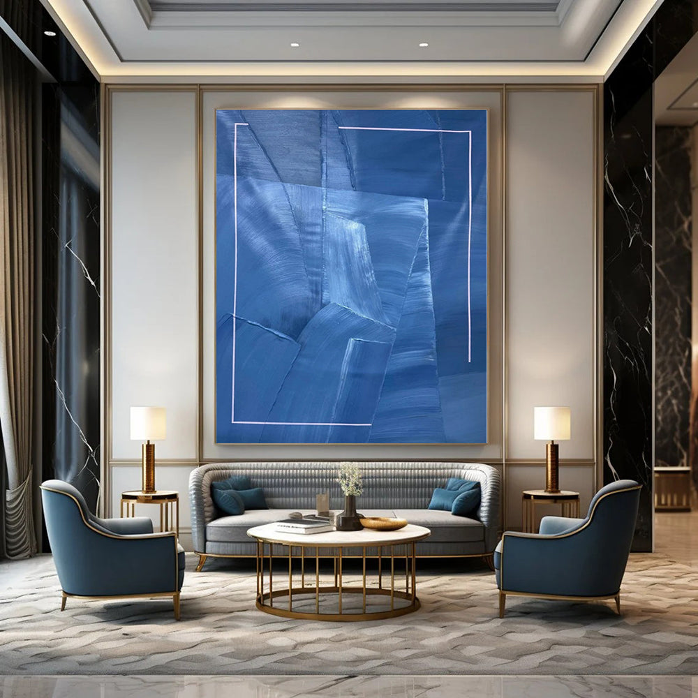 Blue with Layered Textures and White Frame "Blue Layers" Abstract Painting On Canvas PS1322