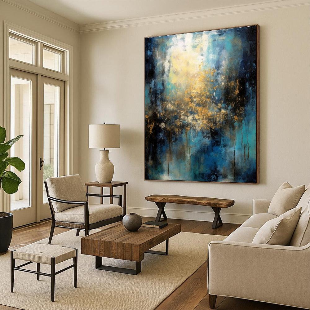 “Teal - Gold Abstract Light” - Teal, Gold, Blue Abstract Painting On Canvas PS0451