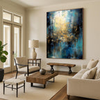 “Teal - Gold Abstract Light” - Teal, Gold, Blue Abstract Painting On Canvas PS0451