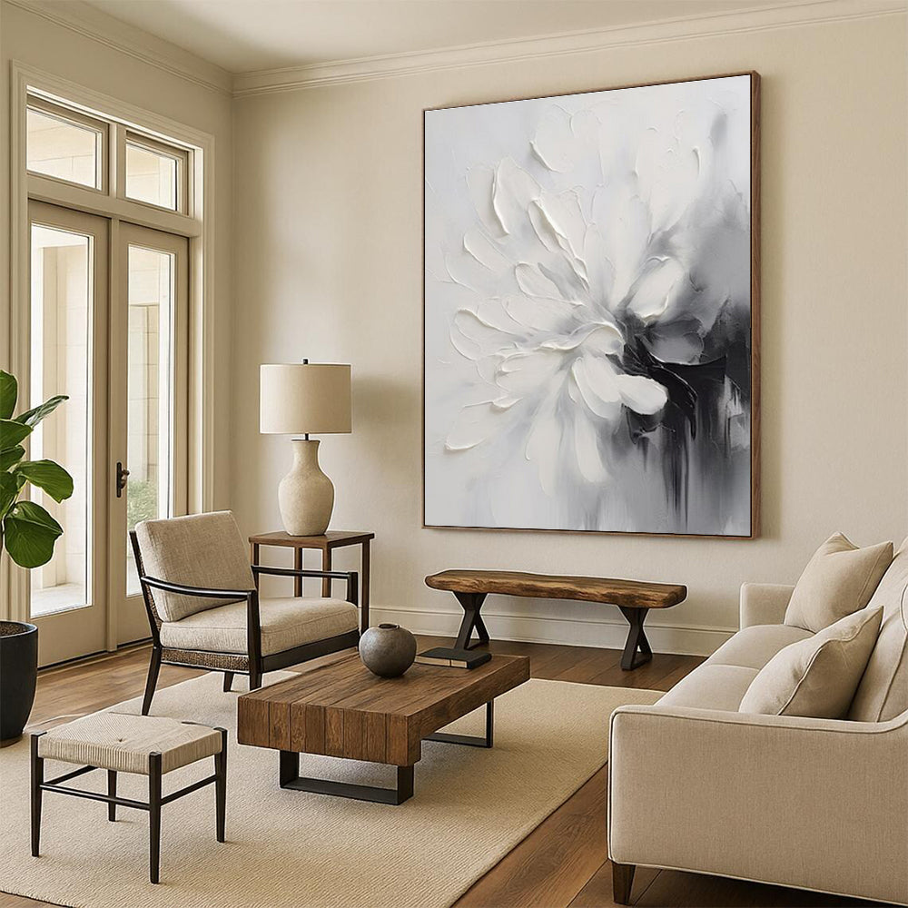 “Textured White Flower” - White, Gray, Black Textured Floral Painting On Canvas PS0767