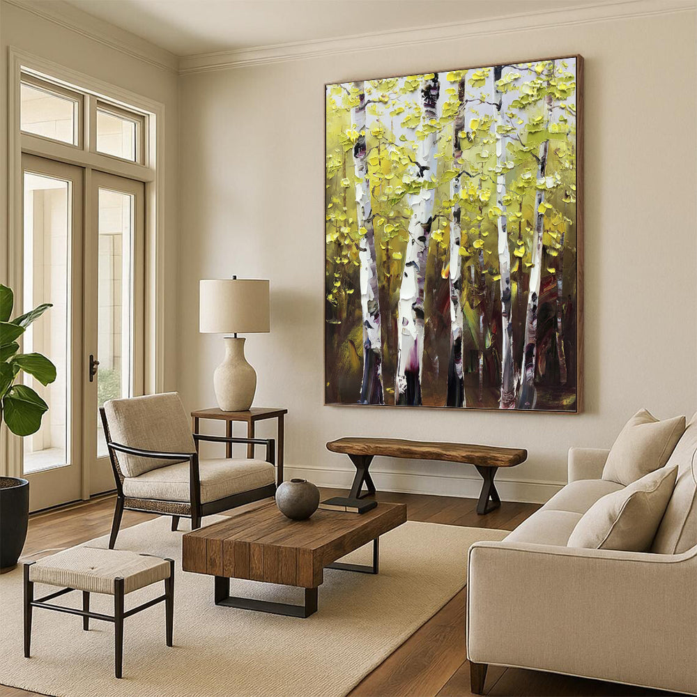 “Yellow - Green Birch Forest” - Impasto Landscape Painting On Canvas PT1282