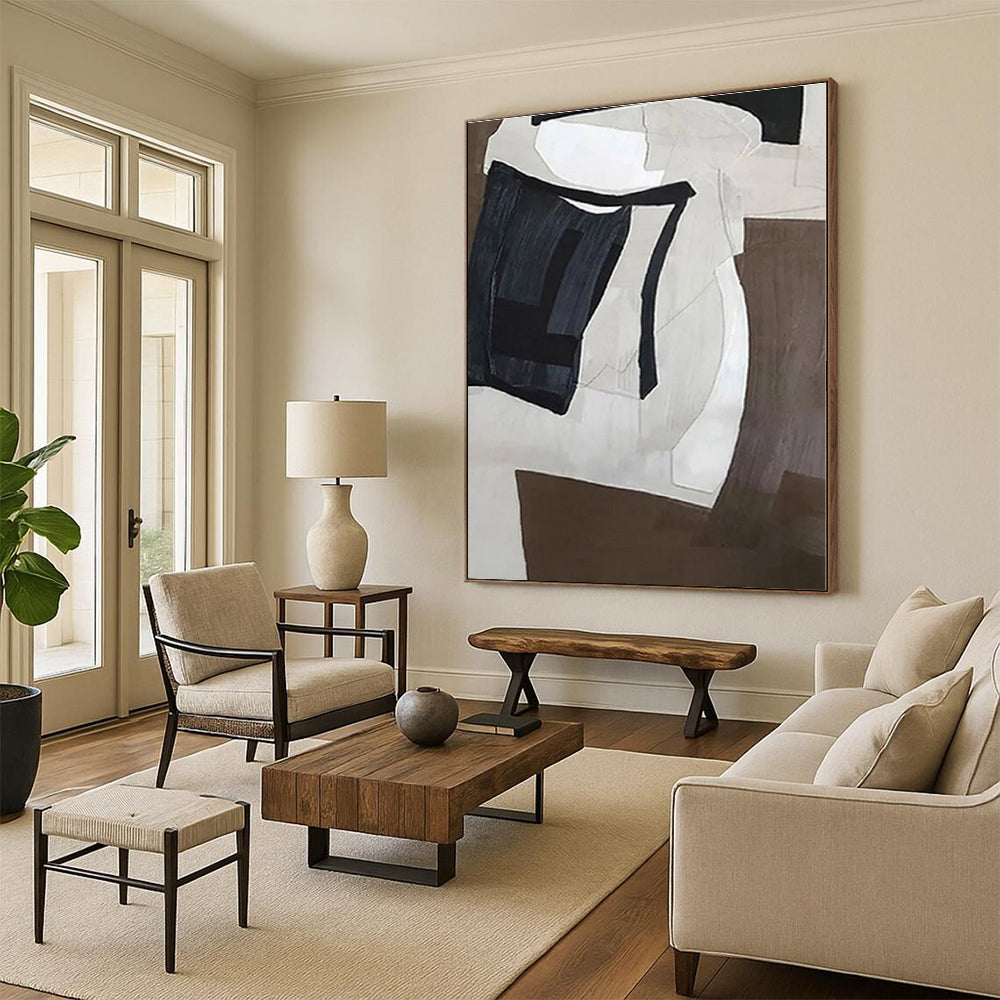“Monochrome Geometric Forms” - Black, White, Brown Abstract Geometric Painting On Canvas PS0557
