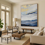 “Blue - White - Gold Cloudy Landscape” - Blue, White, Gold Abstract Landscape Painting On Canvas PS0584