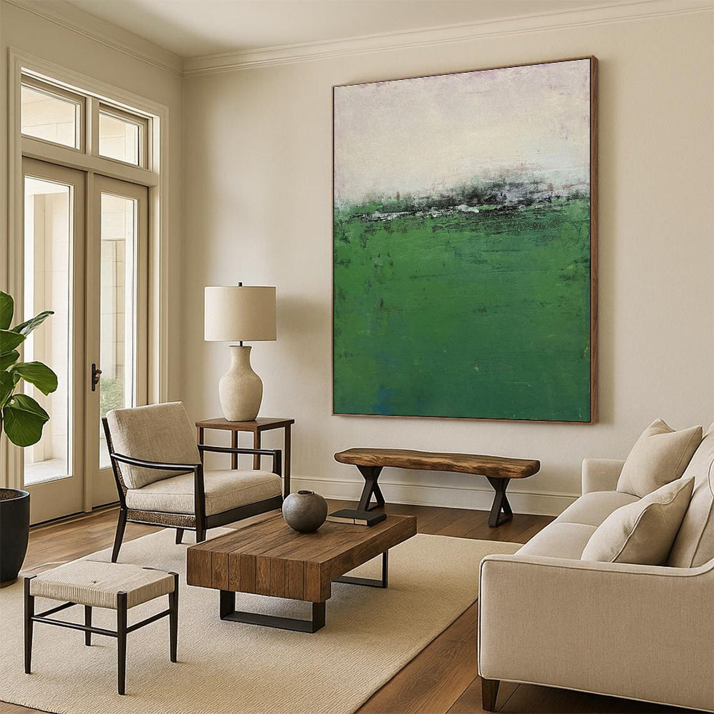 “Misty Green Field” - Green, Gray, Purple Abstract Landscape Painting On Canvas PS0645