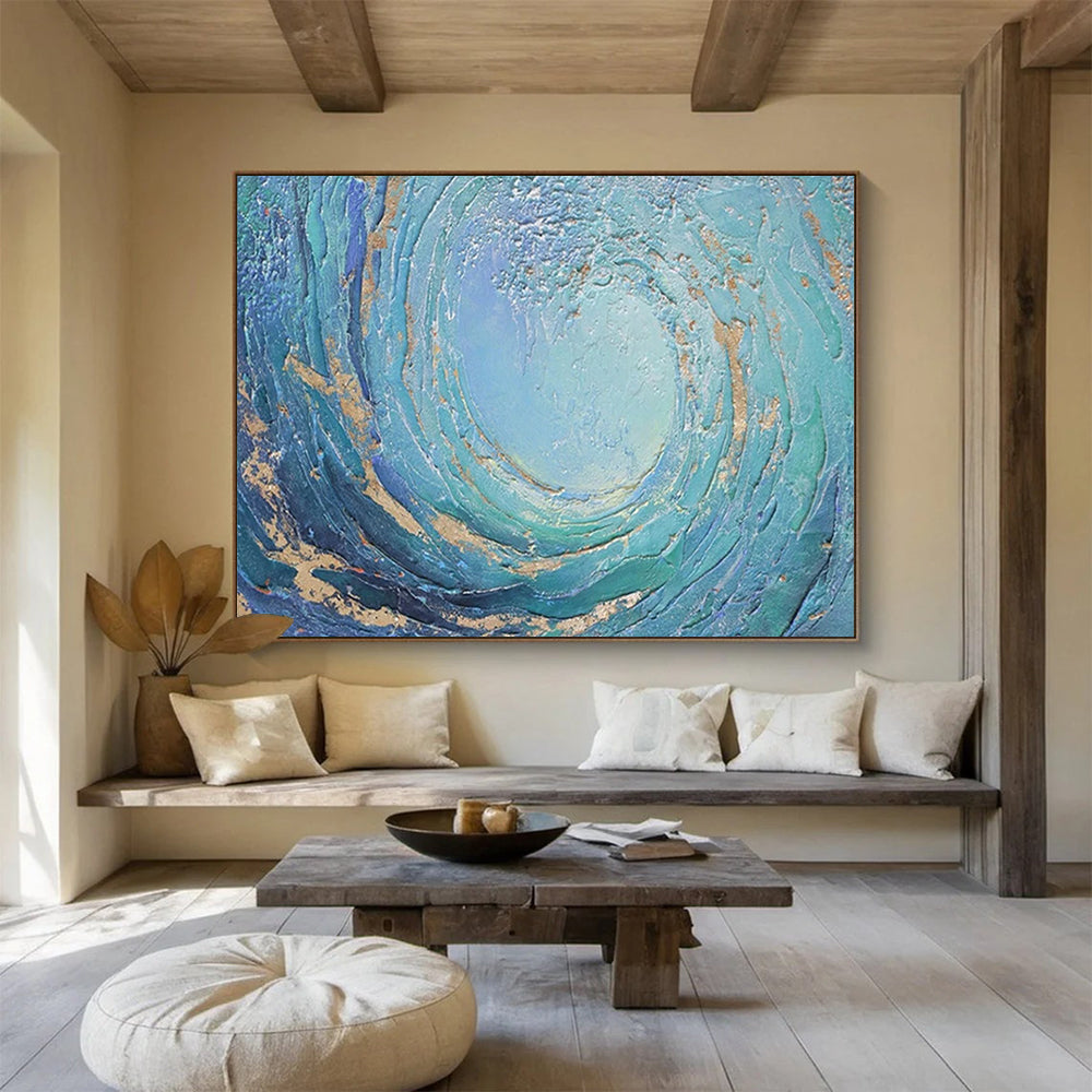 “Blue - Gold Swirl Ocean” - Textured Abstract Painting On Canvas PT254