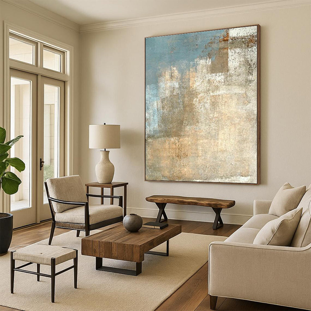 “Blue - Beige Textured Abstraction” - Blue, Beige, Gray Abstract Textured Painting On Canvas PS0568