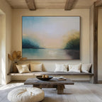“Serene Landscape in Soft Blues, Greens & Neutrals” - Impressionistic Waterfront Painting On Canvas PT014
