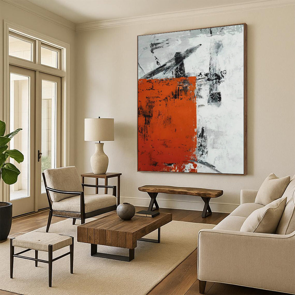 “Orange - Grey Abstract Textured Rectangle” - Rustic Abstract Painting On Canvas PS0332