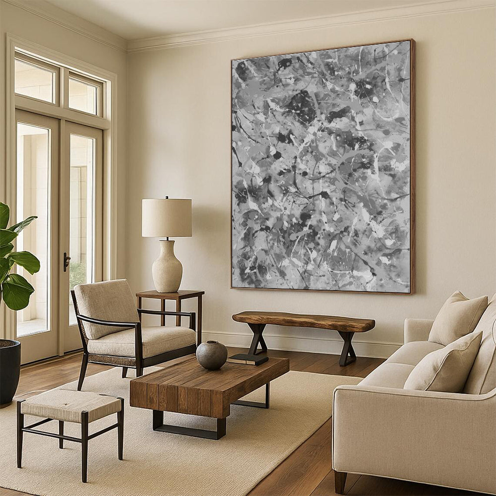 “Gray - White Splatter Abstraction” - Gray, White Abstract Painting On Canvas PS0478