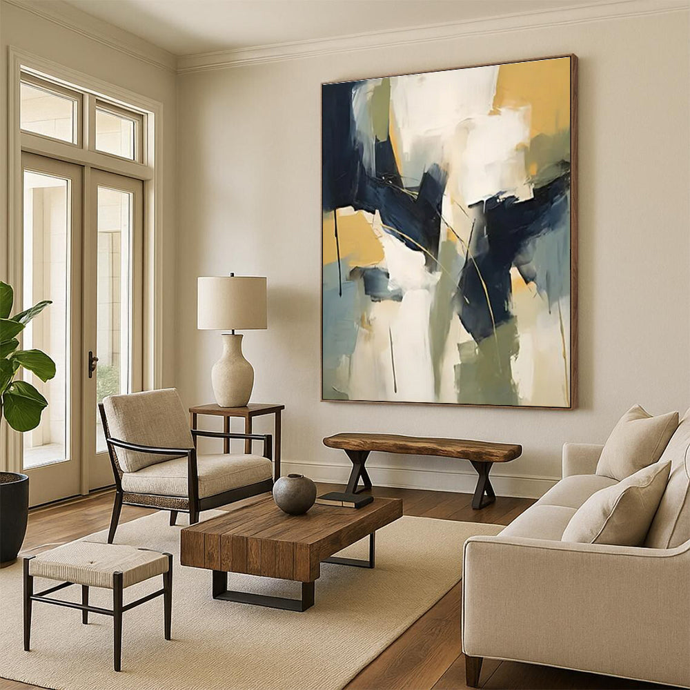 Blue, Yellow, White & Green Abstract Forms Painting On Canvas PS0831