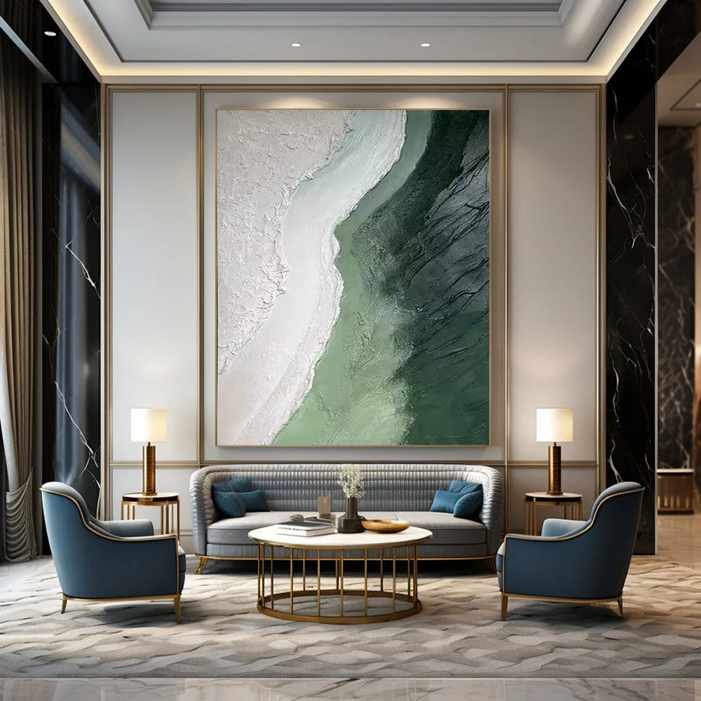 Textured Green and White, "Coastal Layers" – Textured Abstract Painting On Canvas PS0938