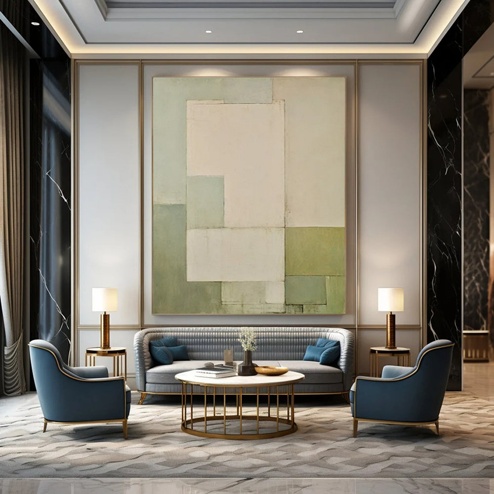 Light Green, Gray, Beige with Subtle Rectangles "Soft Structure" Abstract Painting On Canvas PS1444