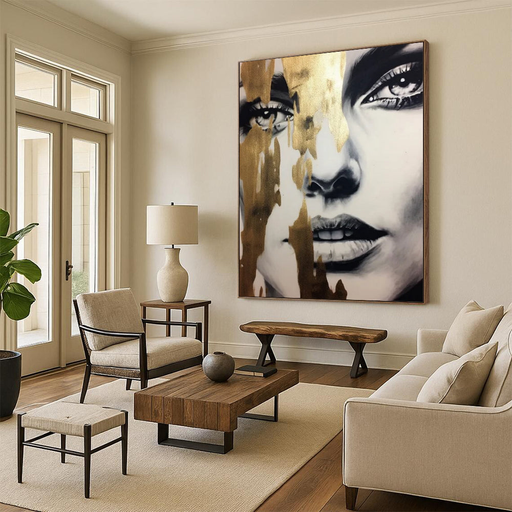 “Gilded Abstract Face” - Black - and - White with Gold Accents Art On Canvas PT2192