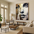 “Gilded Abstract Face” - Black - and - White with Gold Accents Art On Canvas PT2192