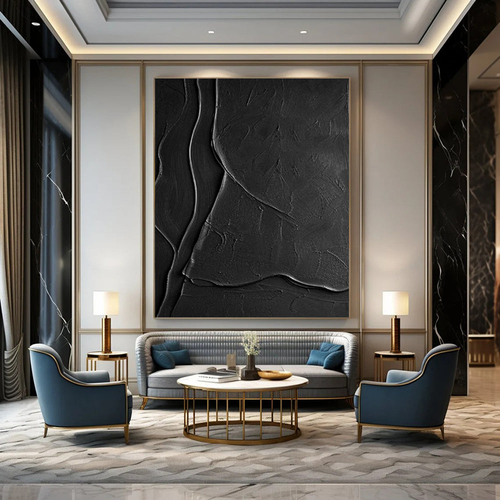 Textured Black Ridges "Midnight Terrain" Relief Sculpture On Canvas PS1069