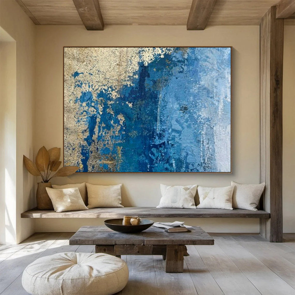 “Blue - Gold Textured Wall” - Earthy Tones “Aged Azure” Painting On Canvas PT1634