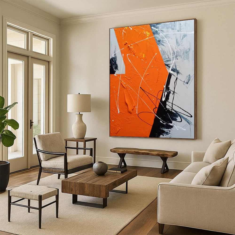“Orange - Grey - White Abstract Dynamic Strokes” - Energetic Abstract Painting On Canvas PS0325