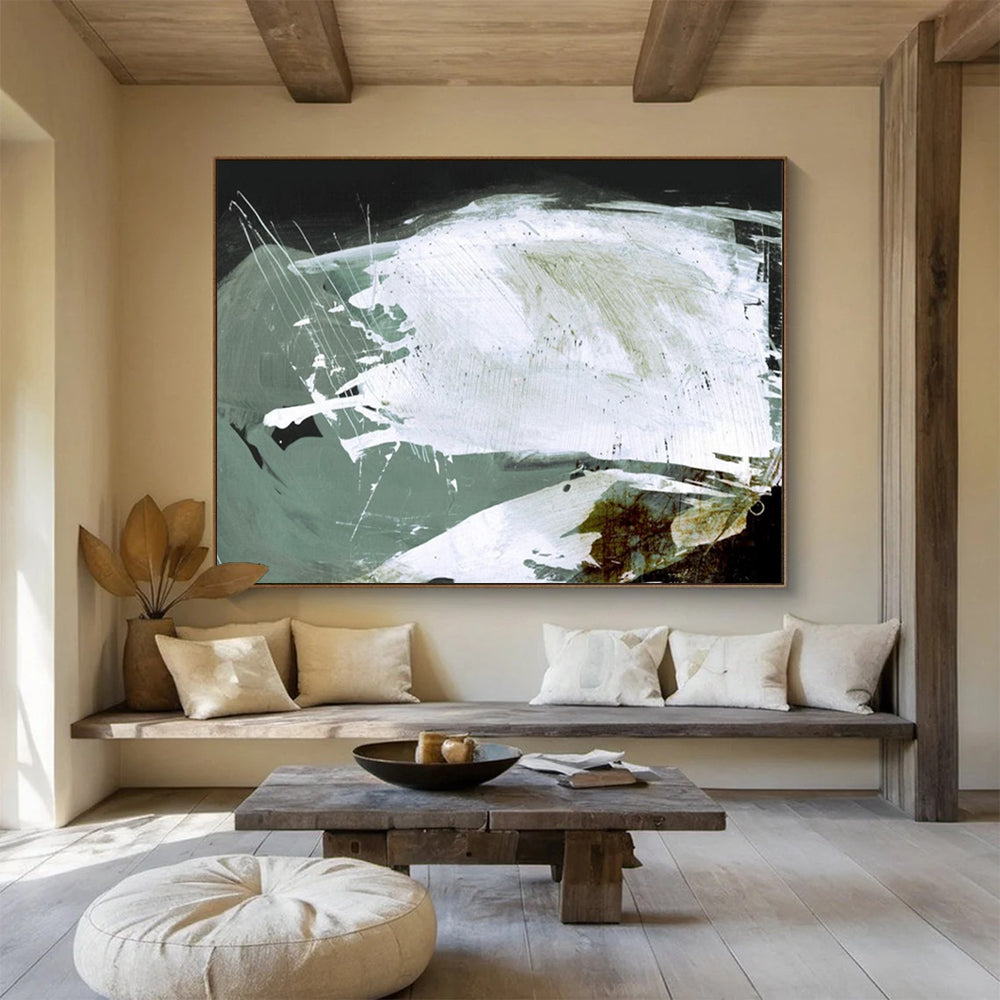 “Dynamic White and Green Abstract” - Expressive Abstract Painting On Canvas PT133