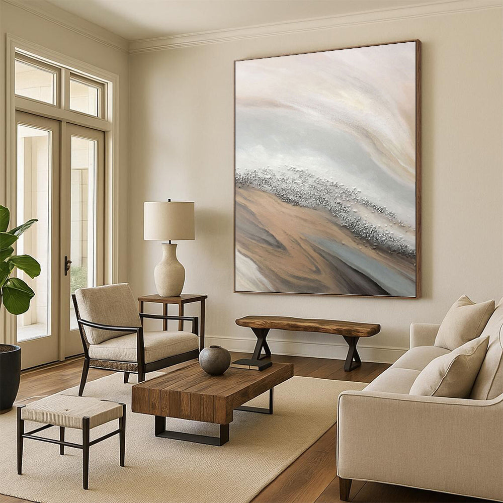 “Beige - Grey - Silver Abstract Flow” - Minimalist Abstract Painting On Canvas PT1228