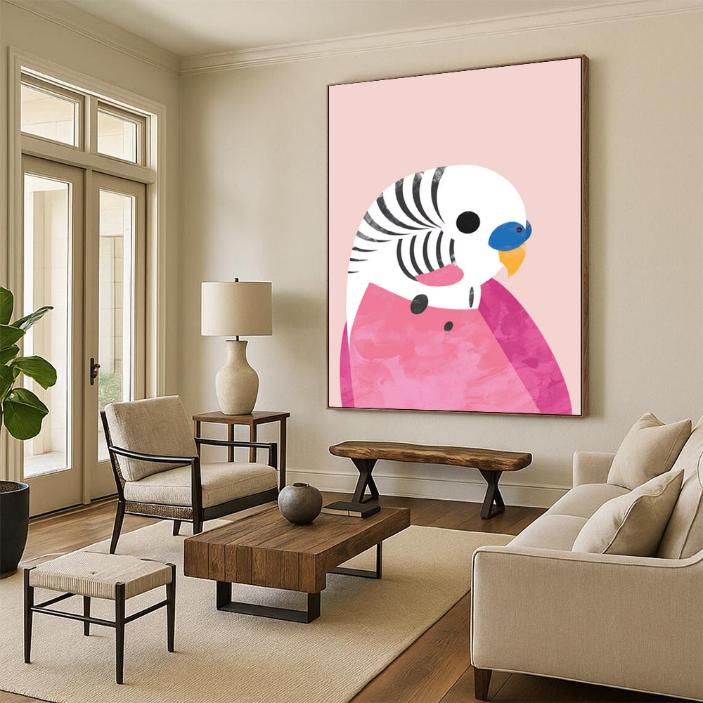 “Pink - Backgrounded Parakeet” - Colorful Bird with Geometric Shapes Painting On Canvas DS227