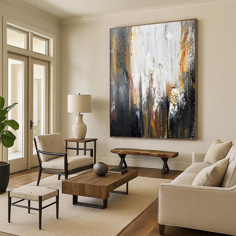 “Grey - White - Gold Abstract Streaks” - Abstract Expressionist Painting On Canvas PT1229