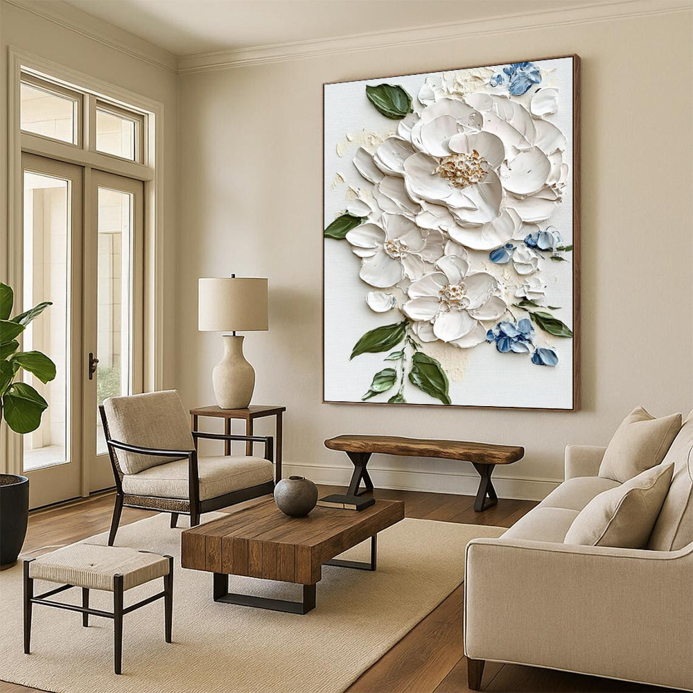 “White - Blue Floral Relief” - Realist - Inspired Floral Painting On Canvas PT1388