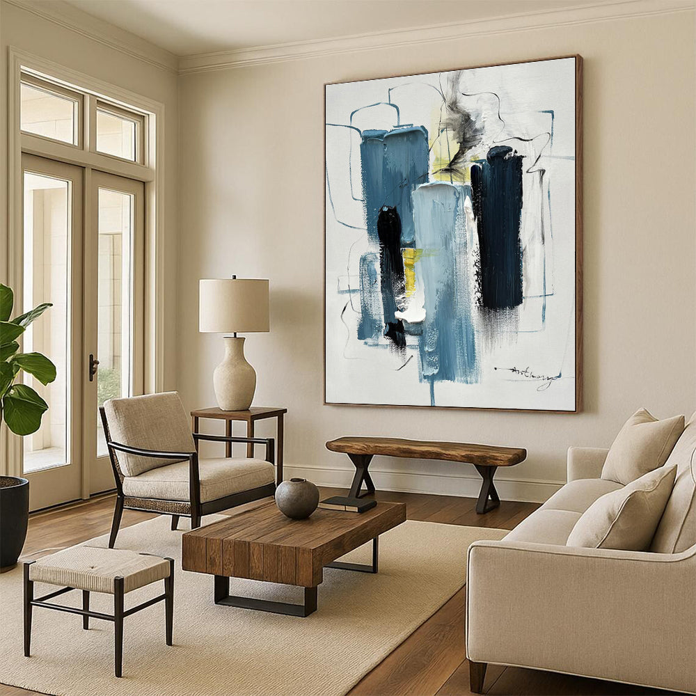 “Blue - Black - Yellow Abstract Forms” - Blue, Black, Yellow, White Abstract Painting On Canvas PS0516