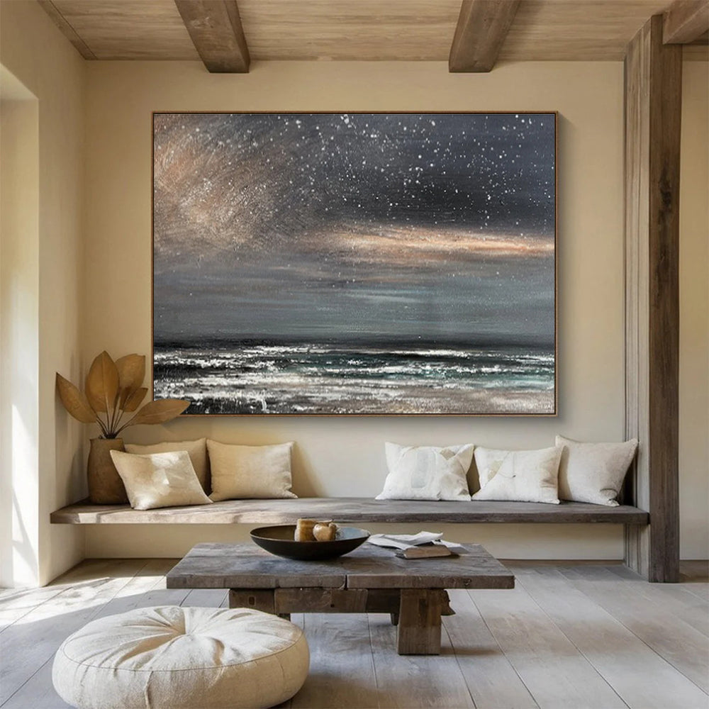 Dark Sky with Stars Over Grey Sea Seascape Painting On Canvas DKS103