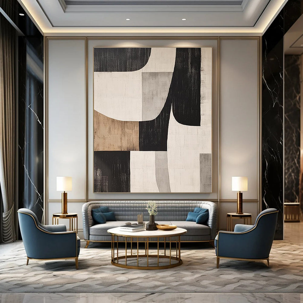Black, White, Gray, Brown with Curved Geometric Shapes "Organic Geometry" Abstract Painting On Canvas PS1371