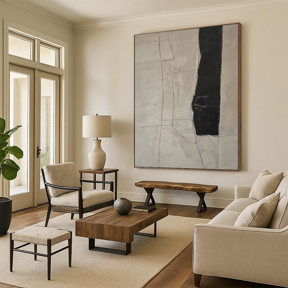 “Neutral Toned Abstract with Black Vertical Shape” - Minimalist Abstract Painting On Canvas PS0269